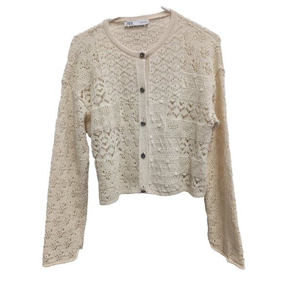 Zara Womens Crop Cardigan Medium Beige Crochet BOHO Cottagecore Flare Sleeve - Picture 1 of 10